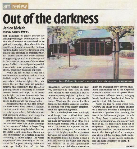 ‘Out of the darkness’ by Iain Gale. Review published in ‘Scotland on Sunday’ (2002).